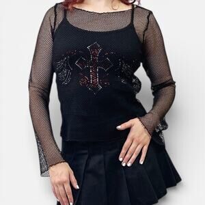 Vintage Y2K Mesh Soft Goth Fairy Bell Sleeves Overlay Top Sz Small